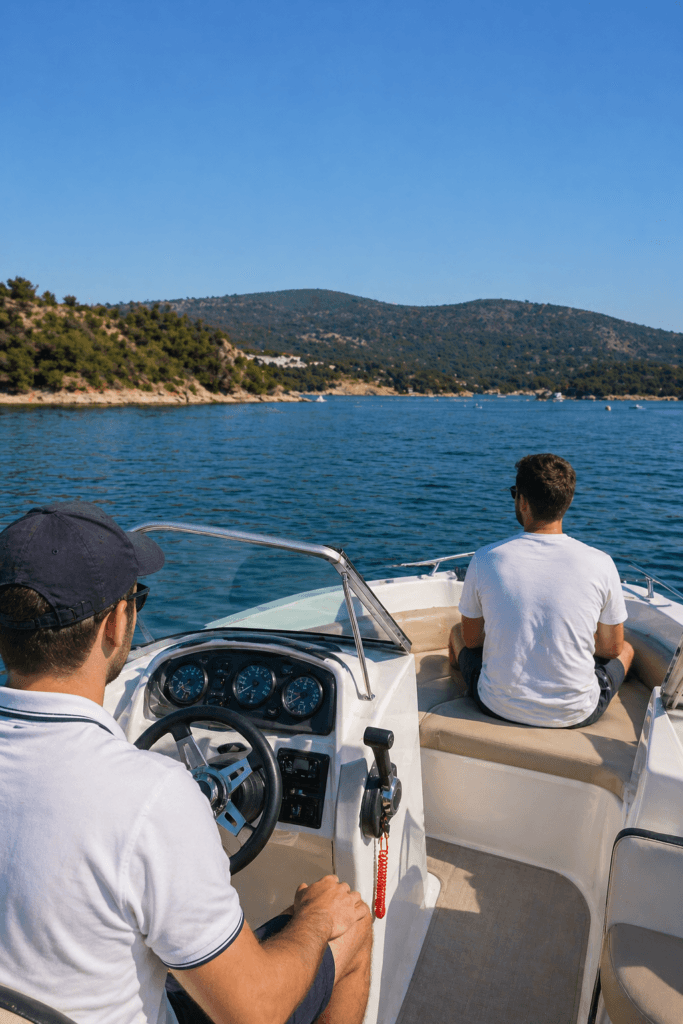 alumnos realizando prácticas del PER en barco en el pantano de San Juan Madrid